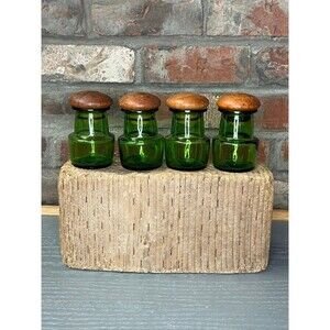 1960s Vintage Scandinavian MCM Green Glass & Teak spice jars SCAN LOOK AQ